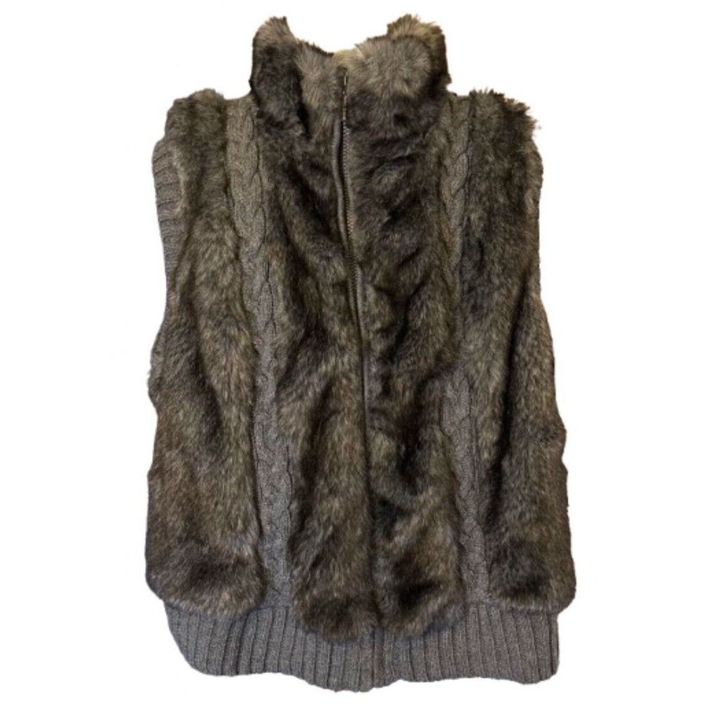 Ladies‎ Vest Cable Sweater Wool and Faux Fur 18/20 Grays